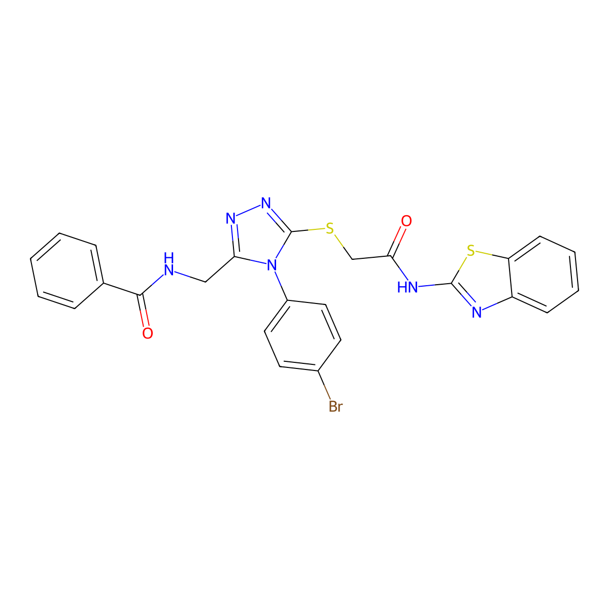 N-((5-((2-(benzo[d]thiazol-2-ylamino)-2-oxoethyl)thio)-4-(4-bromophenyl)-4H-1,2,4-triazol-3-yl)methyl)benzamide molecular structure, CAS 393839-51-5