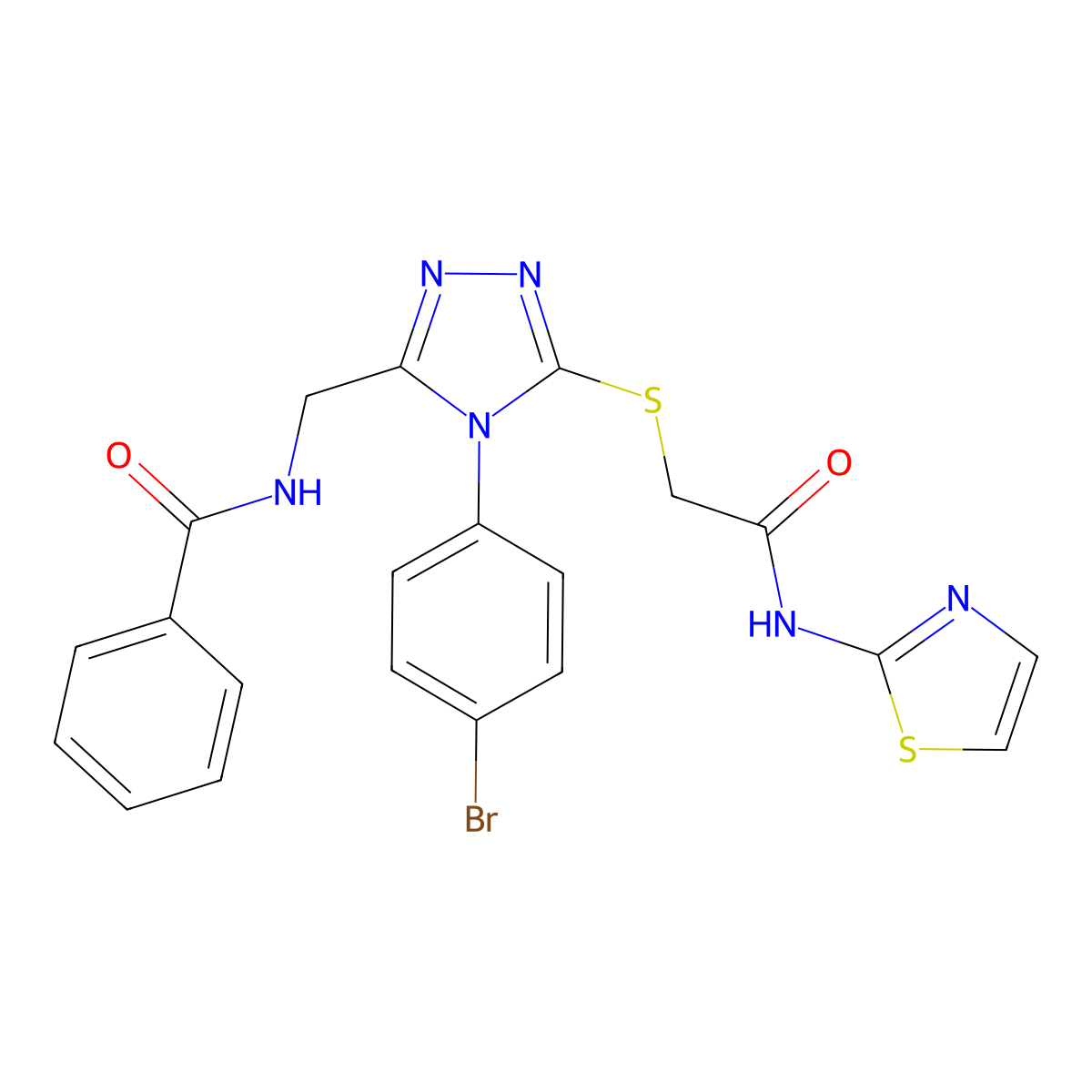 N-((4-(4-bromophenyl)-5-((2-oxo-2-(thiazol-2-ylamino)ethyl)thio)-4H-1,2,4-triazol-3-yl)methyl)benzamide molecular structure, CAS 393839-52-6