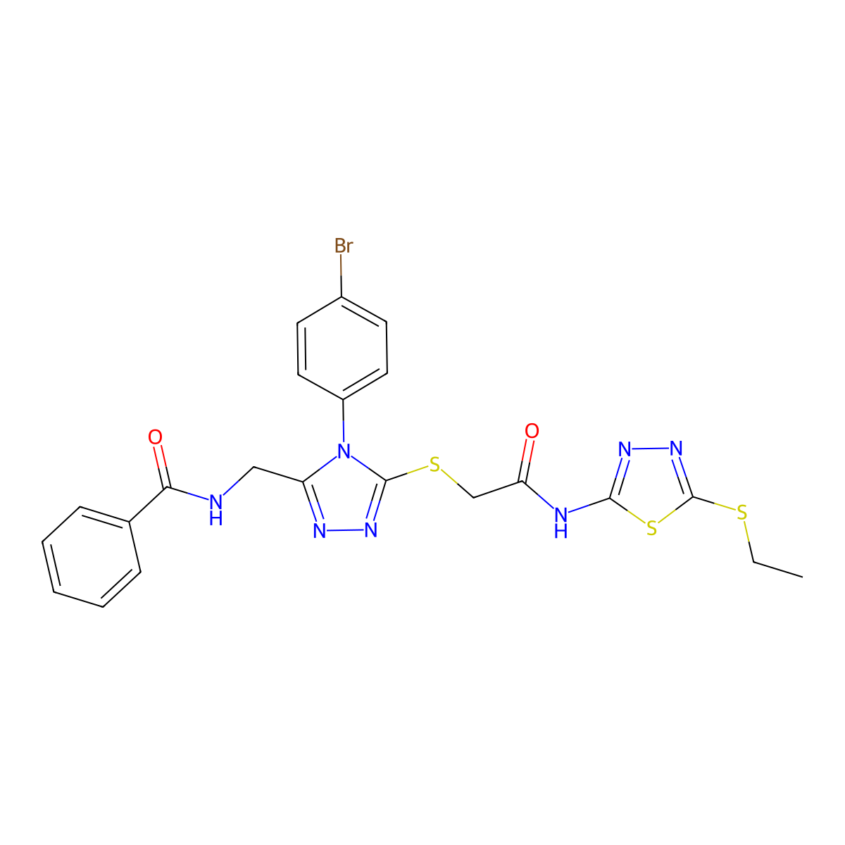 N-((4-(4-bromophenyl)-5-((2-((5-(ethylthio)-1,3,4-thiadiazol-2-yl)amino)-2-oxoethyl)thio)-4H-1,2,4-triazol-3-yl)methyl)benzamide molecular structure, CAS 393839-54-8