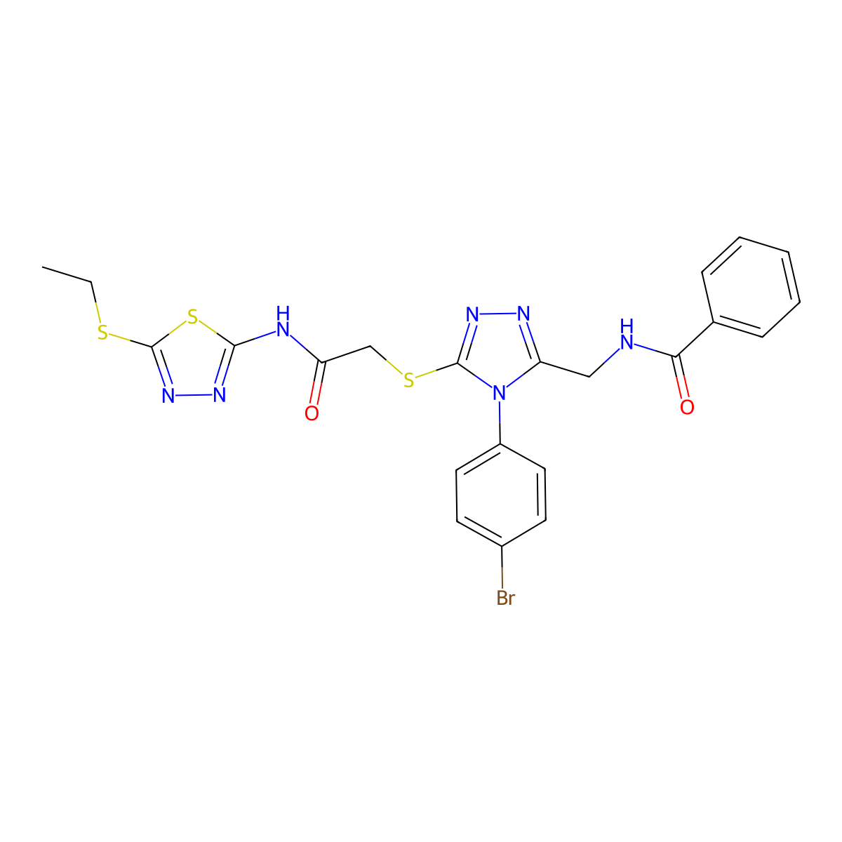 N-((4-(4-bromophenyl)-5-((2-((5-(ethylthio)-1,3,4-thiadiazol-2-yl)amino)-2-oxoethyl)thio)-4H-1,2,4-triazol-3-yl)methyl)benzamide molecular structure, CAS 393839-54-8