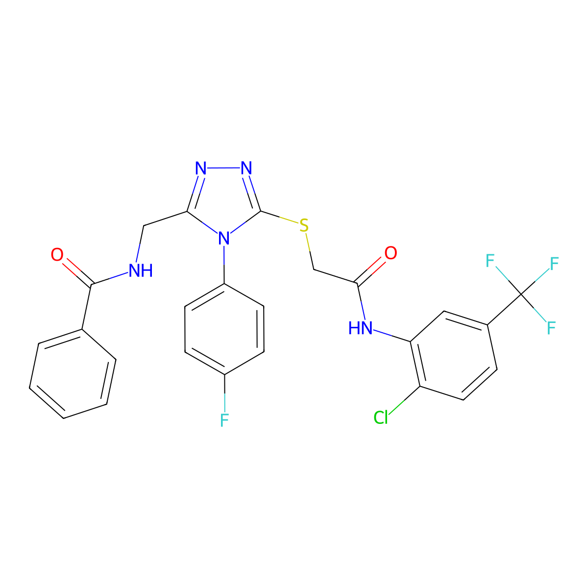 N-[[5-[2-[2-chloro-5-(trifluoromethyl)anilino]-2-oxoethyl]sulfanyl-4-(4-fluorophenyl)-1,2,4-triazol-3-yl]methyl]benzamide molecular structure, CAS 393839-58-2