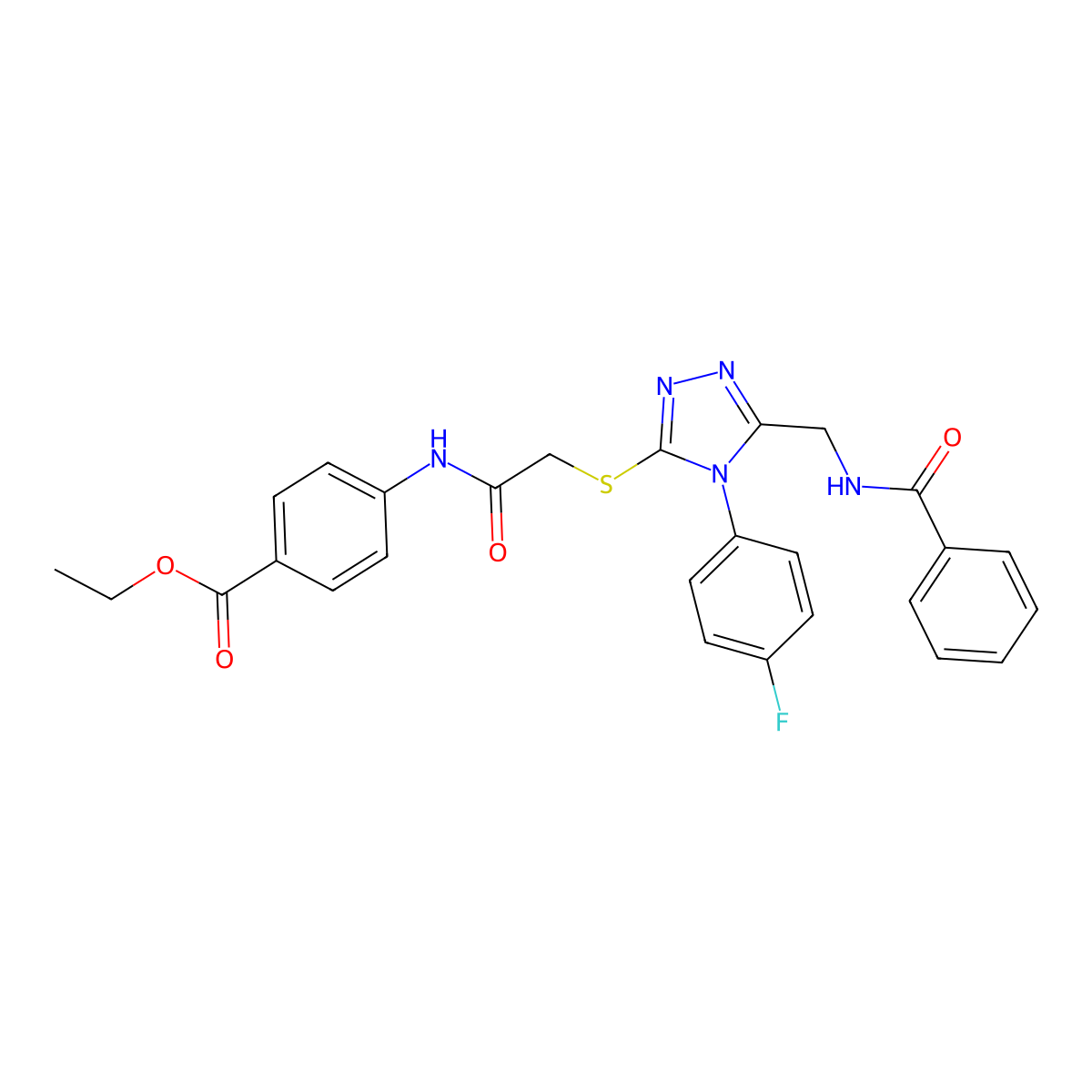 Ethyl 4-[[2-[[5-(benzamidomethyl)-4-(4-fluorophenyl)-1,2,4-triazol-3-yl]sulfanyl]acetyl]amino]benzoate molecular structure, CAS 393839-62-8