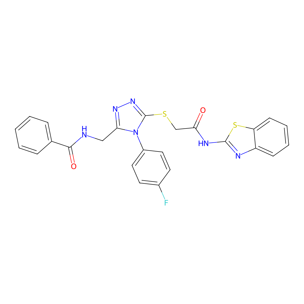 N-((5-((2-(benzo[d]thiazol-2-ylamino)-2-oxoethyl)thio)-4-(4-fluorophenyl)-4H-1,2,4-triazol-3-yl)methyl)benzamide molecular structure, CAS 393839-63-9