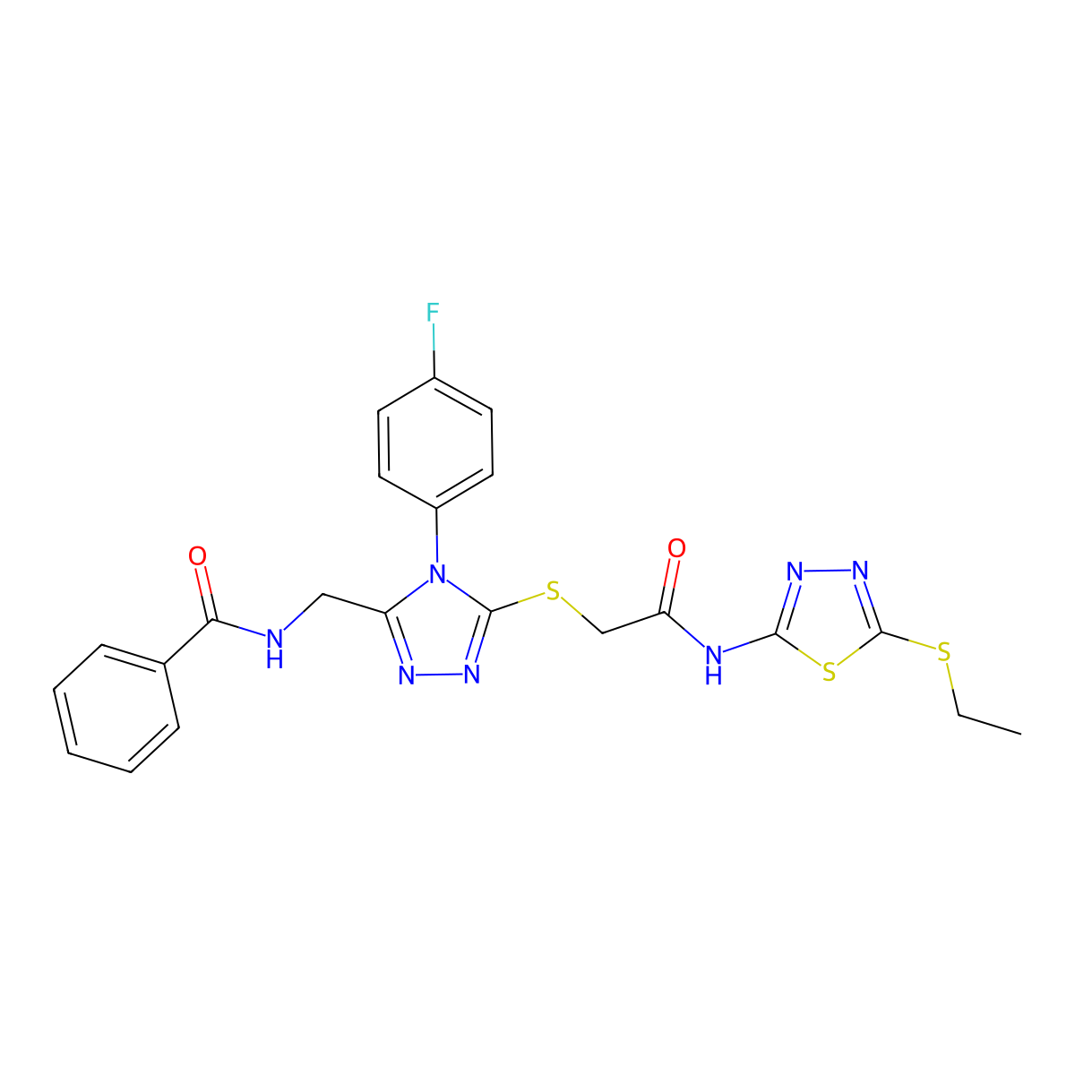 N-[[5-[2-[(5-ethylsulfanyl-1,3,4-thiadiazol-2-yl)amino]-2-oxoethyl]sulfanyl-4-(4-fluorophenyl)-1,2,4-triazol-3-yl]methyl]benzamide molecular structure, CAS 393839-66-2