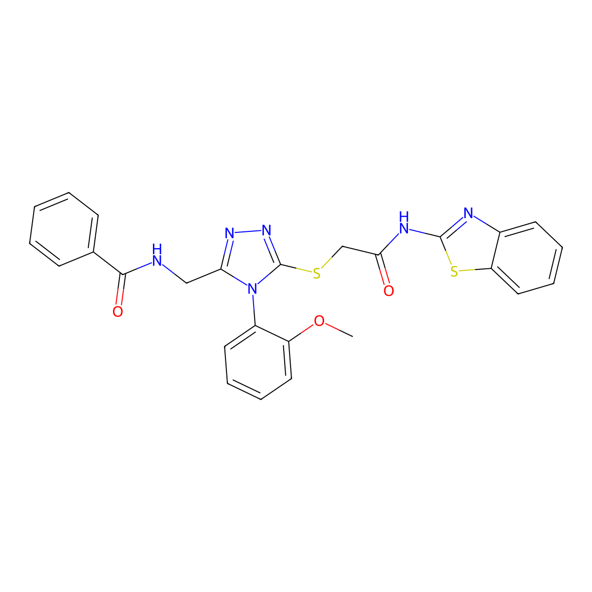 N-((5-((2-(benzo[d]thiazol-2-ylamino)-2-oxoethyl)thio)-4-(2-methoxyphenyl)-4H-1,2,4-triazol-3-yl)methyl)benzamide molecular structure, CAS 393839-75-3