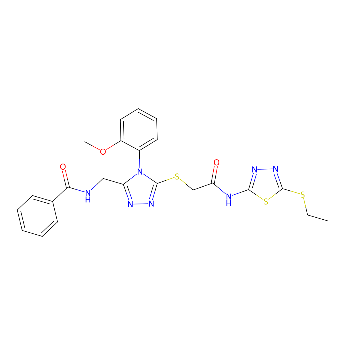 N-[[5-[2-[(5-ethylsulfanyl-1,3,4-thiadiazol-2-yl)amino]-2-oxoethyl]sulfanyl-4-(2-methoxyphenyl)-1,2,4-triazol-3-yl]methyl]benzamide molecular structure, CAS 393839-78-6