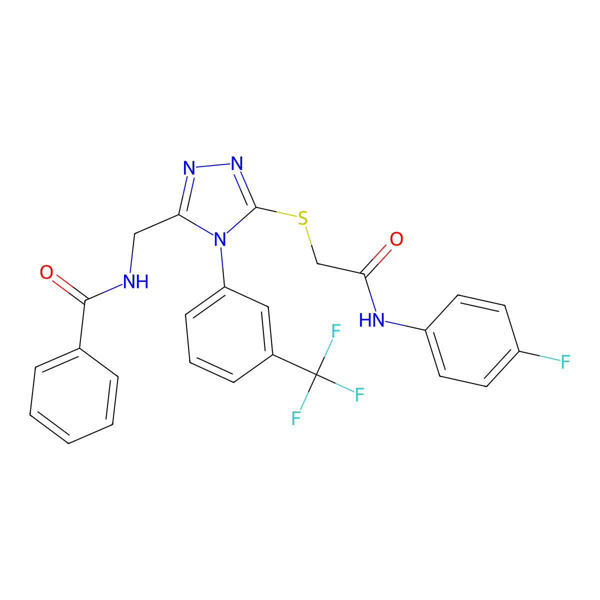 N-((5-((2-((4-fluorophenyl)amino)-2-oxoethyl)thio)-4-(3-(trifluoromethyl)phenyl)-4H-1,2,4-triazol-3-yl)methyl)benzamide molecular structure, CAS 393839-83-3