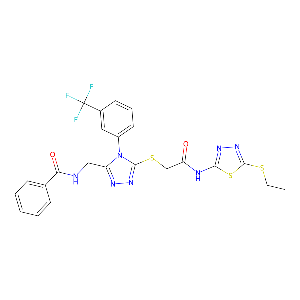 N-((5-((2-((5-(ethylthio)-1,3,4-thiadiazol-2-yl)amino)-2-oxoethyl)thio)-4-(3-(trifluoromethyl)phenyl)-4H-1,2,4-triazol-3-yl)methyl)benzamide molecular structure, CAS 393839-90-2