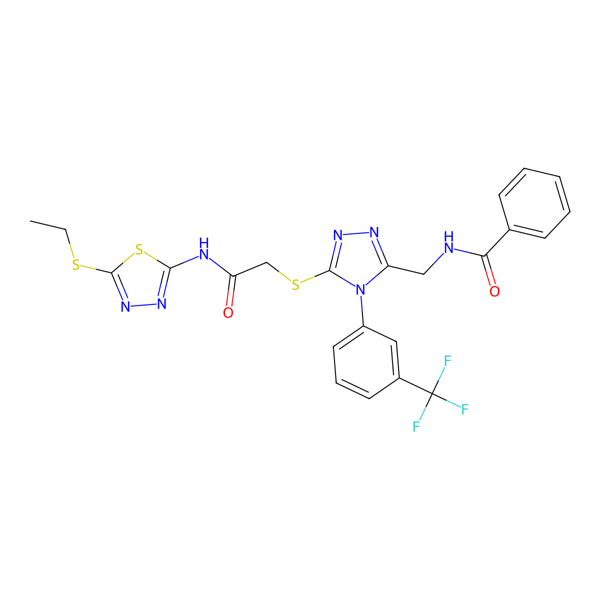 N-((5-((2-((5-(ethylthio)-1,3,4-thiadiazol-2-yl)amino)-2-oxoethyl)thio)-4-(3-(trifluoromethyl)phenyl)-4H-1,2,4-triazol-3-yl)methyl)benzamide molecular structure, CAS 393839-90-2