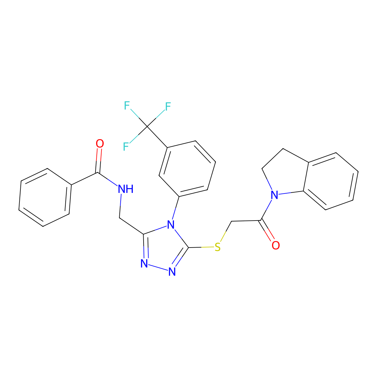 N-((5-((2-(indolin-1-yl)-2-oxoethyl)thio)-4-(3-(trifluoromethyl)phenyl)-4H-1,2,4-triazol-3-yl)methyl)benzamide molecular structure, CAS 393839-91-3
