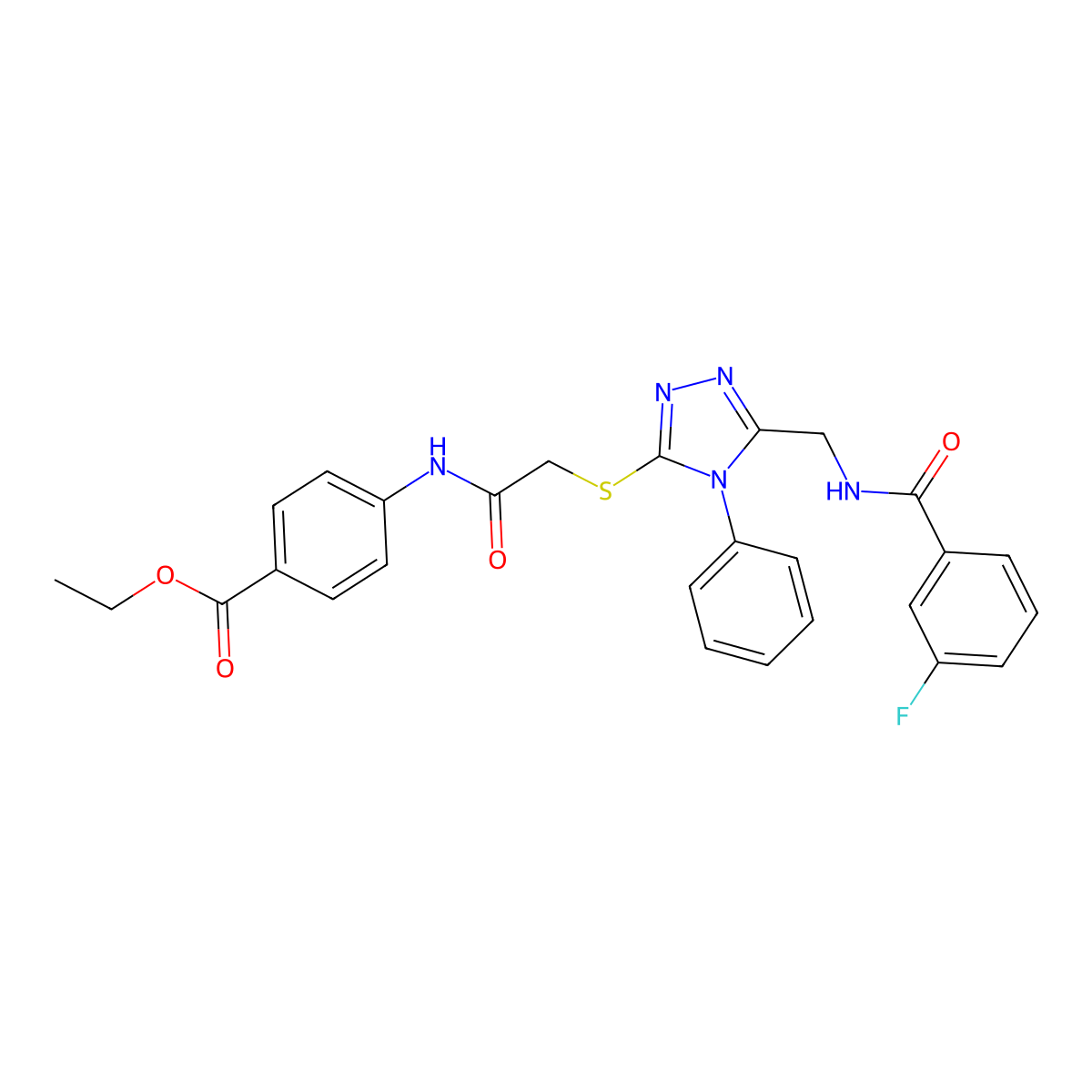 Ethyl 4-[[2-[[5-[[(3-fluorobenzoyl)amino]methyl]-4-phenyl-1,2,4-triazol-3-yl]sulfanyl]acetyl]amino]benzoate molecular structure, CAS 393839-98-0