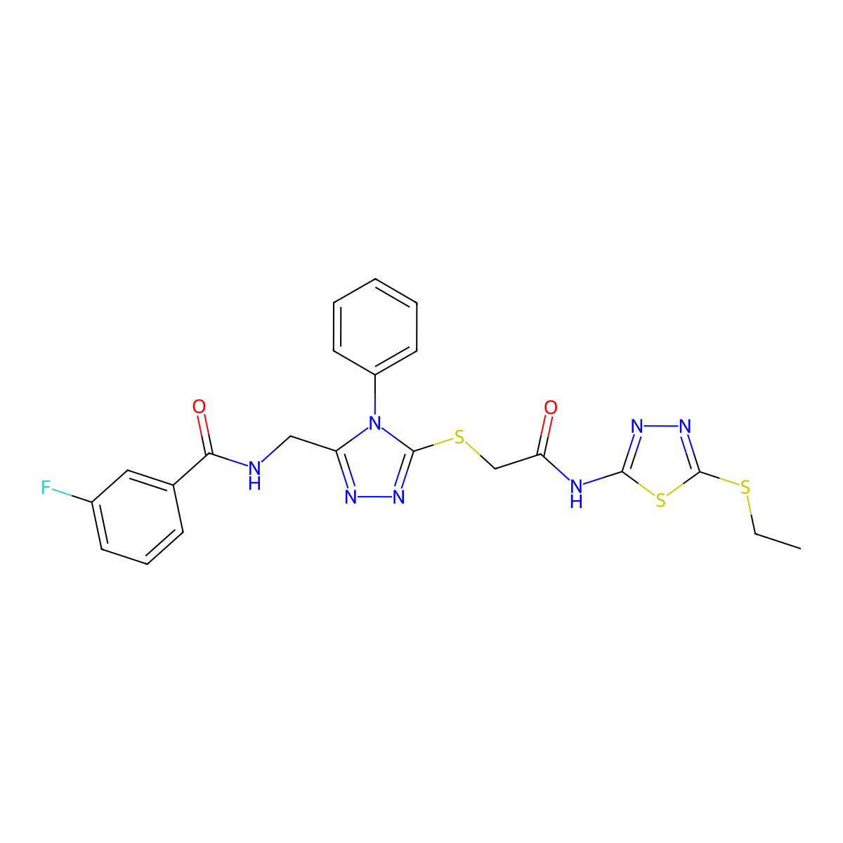 N-[[5-[2-[(5-ethylsulfanyl-1,3,4-thiadiazol-2-yl)amino]-2-oxoethyl]sulfanyl-4-phenyl-1,2,4-triazol-3-yl]methyl]-3-fluorobenzamide molecular structure, CAS 393840-02-3