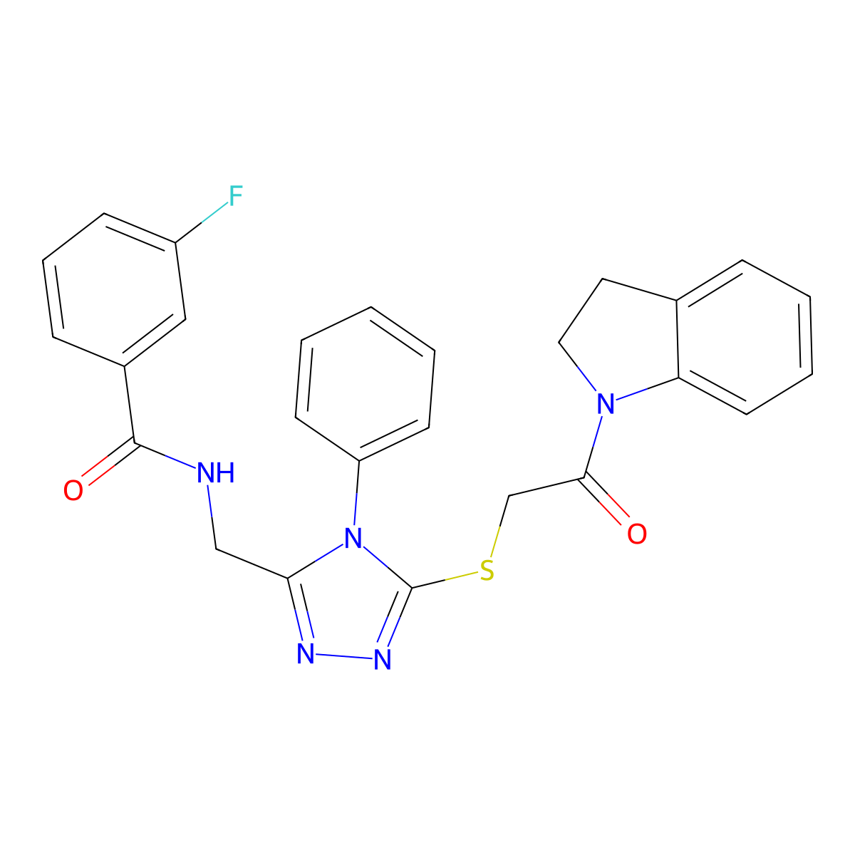 3-fluoro-N-((5-((2-(indolin-1-yl)-2-oxoethyl)thio)-4-phenyl-4H-1,2,4-triazol-3-yl)methyl)benzamide molecular structure, CAS 393840-03-4