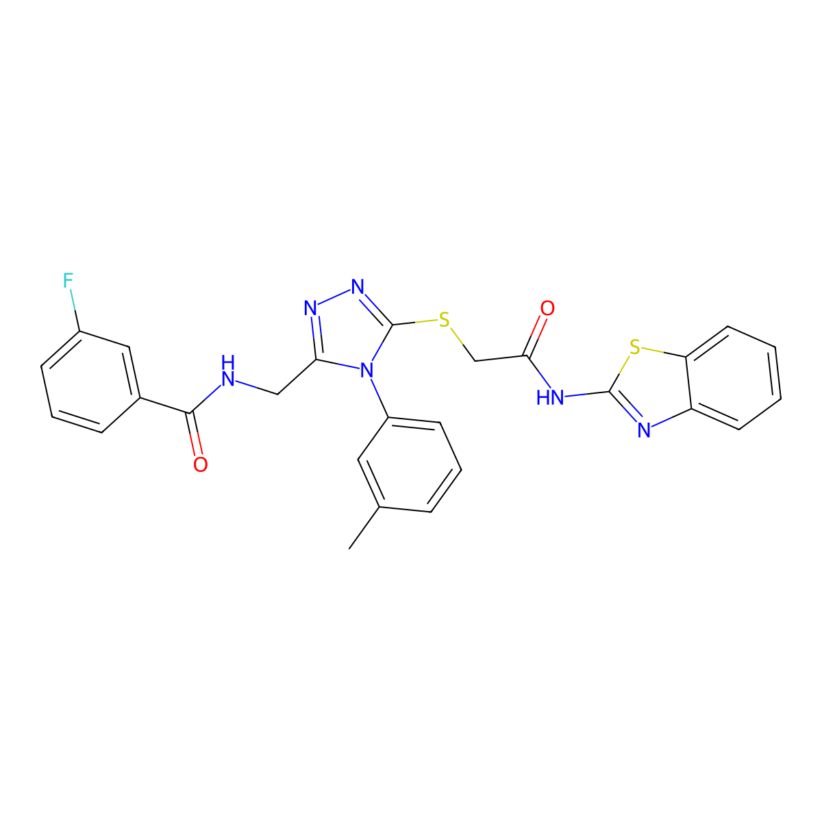N-((5-((2-(benzo[d]thiazol-2-ylamino)-2-oxoethyl)thio)-4-(m-tolyl)-4H-1,2,4-triazol-3-yl)methyl)-3-fluorobenzamide molecular structure, CAS 393840-11-4