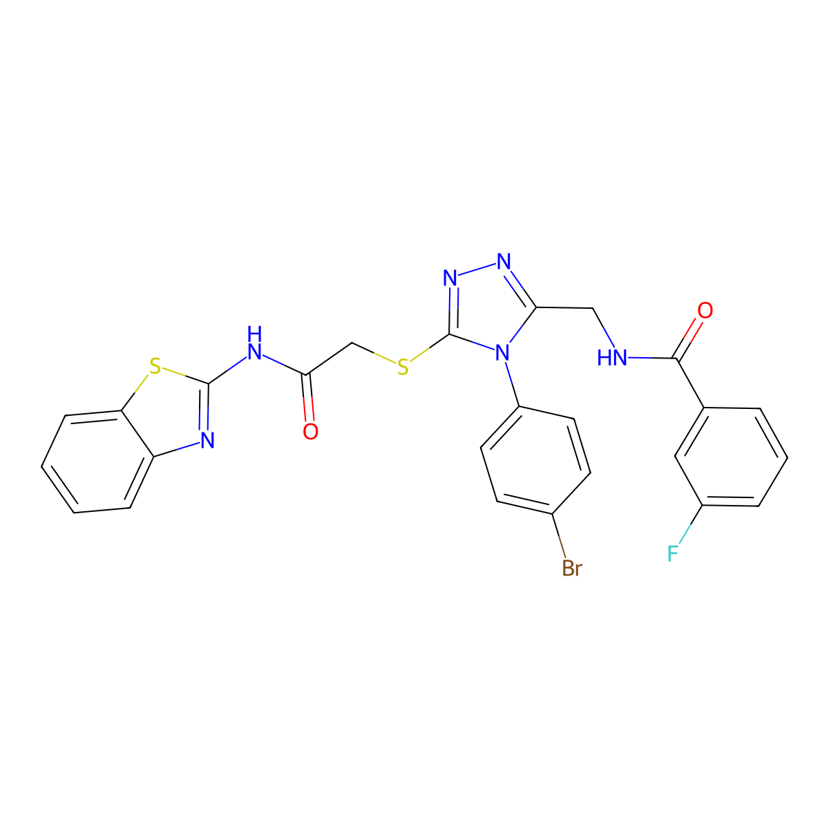 N-((5-((2-(benzo[d]thiazol-2-ylamino)-2-oxoethyl)thio)-4-(4-bromophenyl)-4H-1,2,4-triazol-3-yl)methyl)-3-fluorobenzamide molecular structure, CAS 393840-23-8