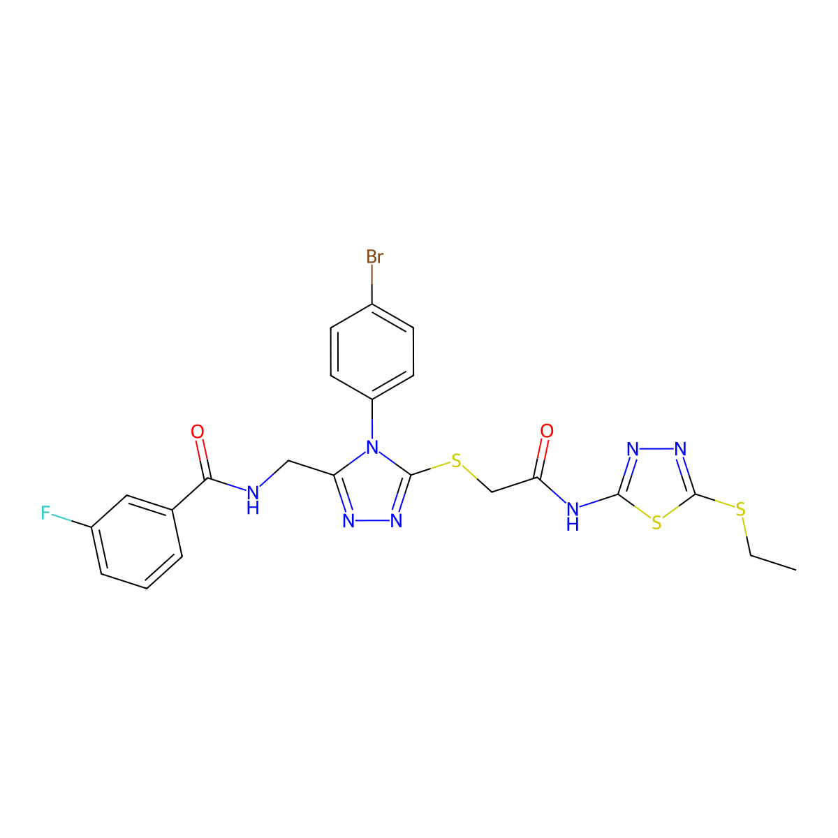 N-((4-(4-bromophenyl)-5-((2-((5-(ethylthio)-1,3,4-thiadiazol-2-yl)amino)-2-oxoethyl)thio)-4H-1,2,4-triazol-3-yl)methyl)-3-fluorobenzamide molecular structure, CAS 393840-26-1