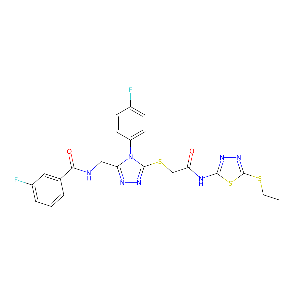 N-((5-((2-((5-(ethylthio)-1,3,4-thiadiazol-2-yl)amino)-2-oxoethyl)thio)-4-(4-fluorophenyl)-4H-1,2,4-triazol-3-yl)methyl)-3-fluorobenzamide molecular structure, CAS 393840-38-5