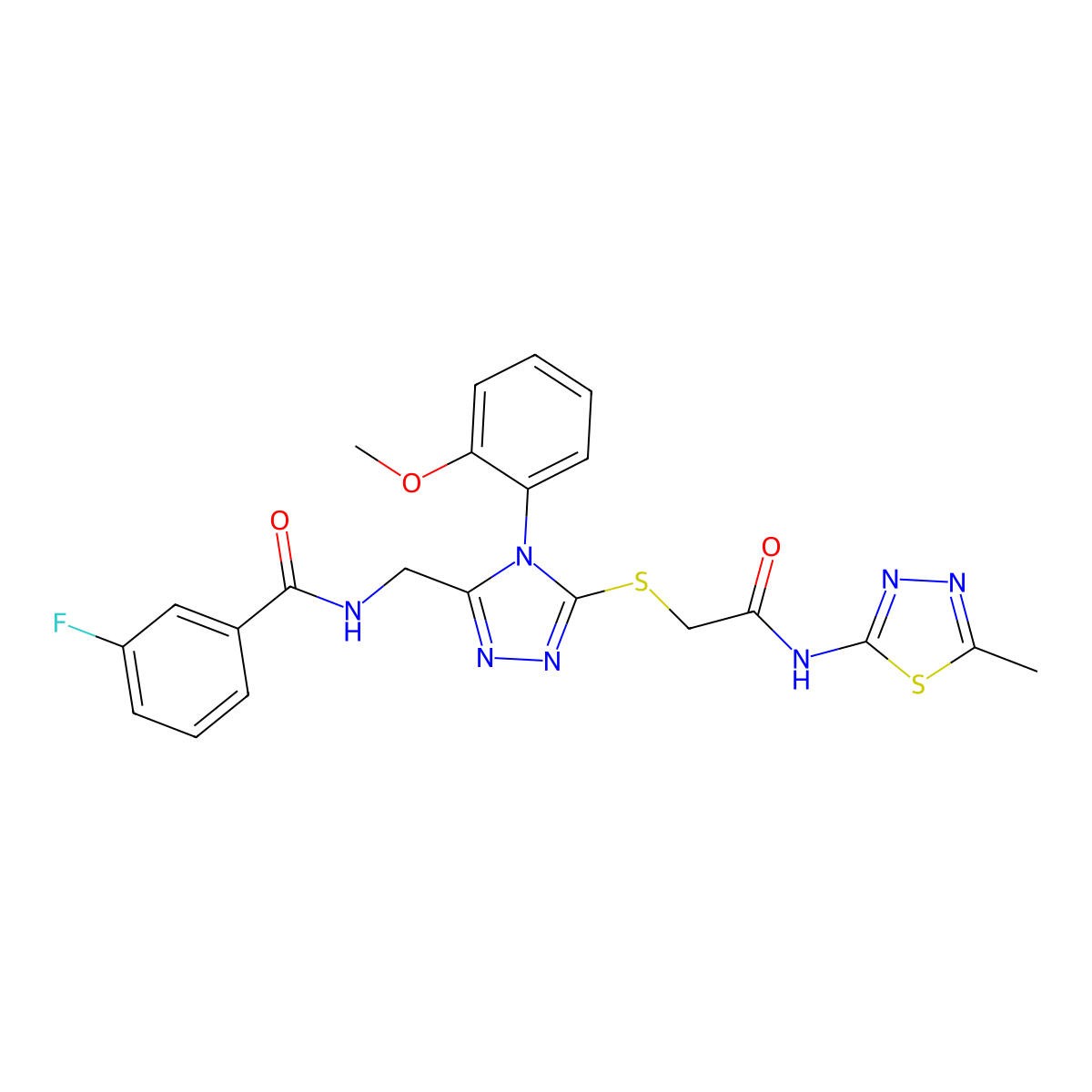3-fluoro-N-[[4-(2-methoxyphenyl)-5-[2-[(5-methyl-1,3,4-thiadiazol-2-yl)amino]-2-oxoethyl]sulfanyl-1,2,4-triazol-3-yl]methyl]benzamide molecular structure, CAS 393840-49-8