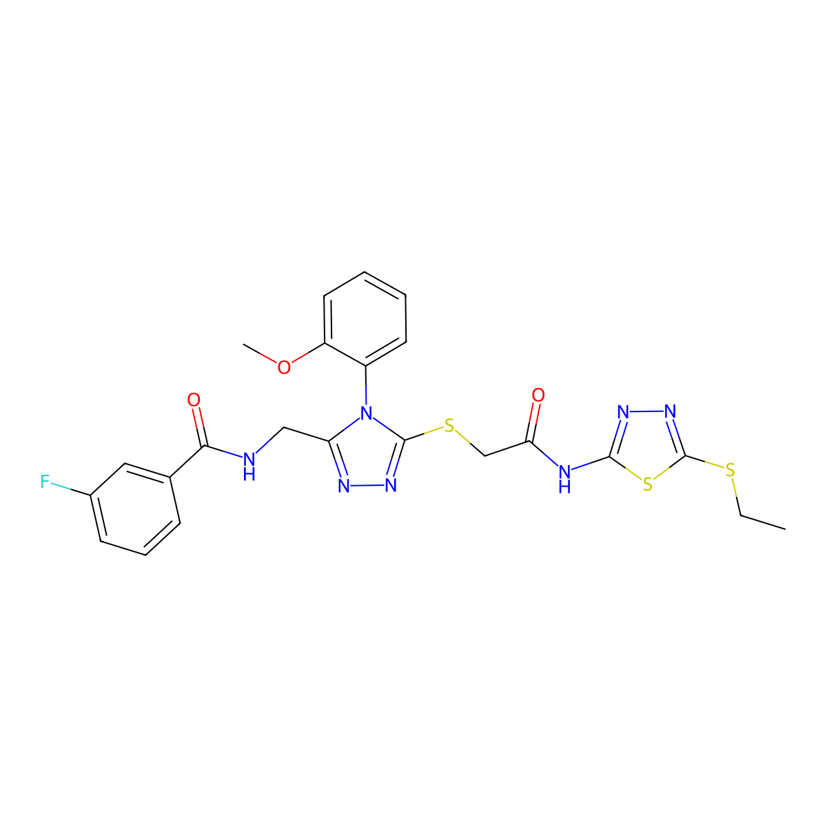 N-[[5-[2-[(5-ethylsulfanyl-1,3,4-thiadiazol-2-yl)amino]-2-oxoethyl]sulfanyl-4-(2-methoxyphenyl)-1,2,4-triazol-3-yl]methyl]-3-fluorobenzamide molecular structure, CAS 393840-50-1