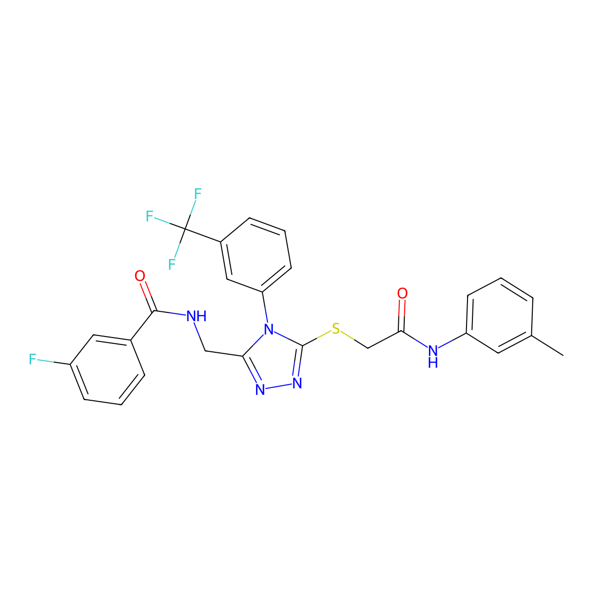 3-fluoro-N-((5-((2-oxo-2-(m-tolylamino)ethyl)thio)-4-(3-(trifluoromethyl)phenyl)-4H-1,2,4-triazol-3-yl)methyl)benzamide molecular structure, CAS 393840-53-4