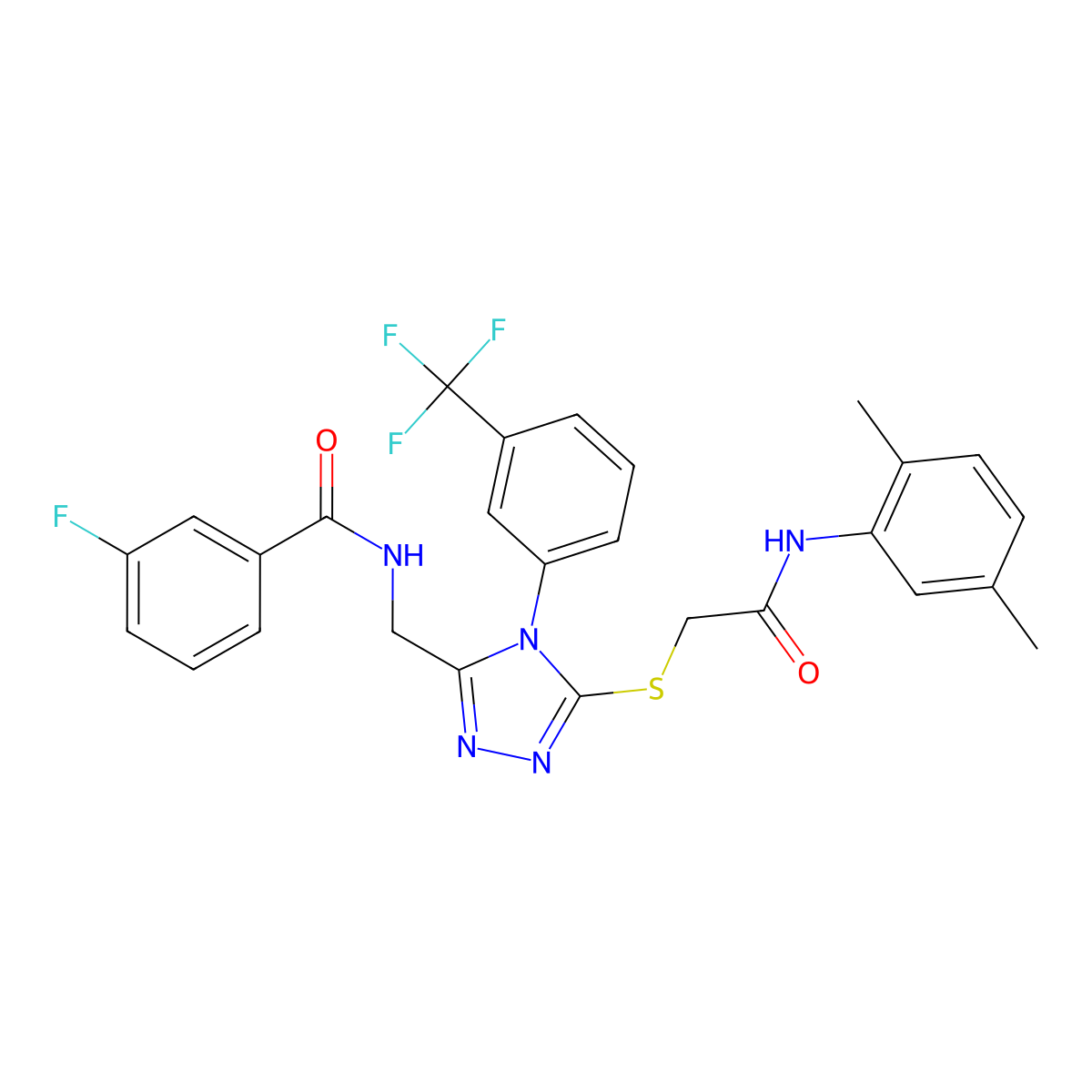 N-((5-((2-((2,5-dimethylphenyl)amino)-2-oxoethyl)thio)-4-(3-(trifluoromethyl)phenyl)-4H-1,2,4-triazol-3-yl)methyl)-3-fluorobenzamide molecular structure, CAS 393840-56-7