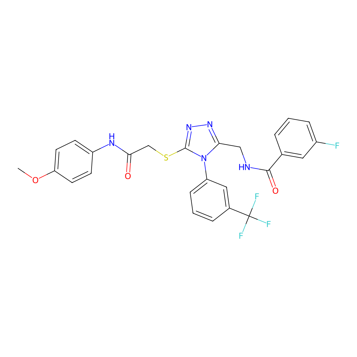 3-fluoro-N-((5-((2-((4-methoxyphenyl)amino)-2-oxoethyl)thio)-4-(3-(trifluoromethyl)phenyl)-4H-1,2,4-triazol-3-yl)methyl)benzamide molecular structure, CAS 393840-57-8