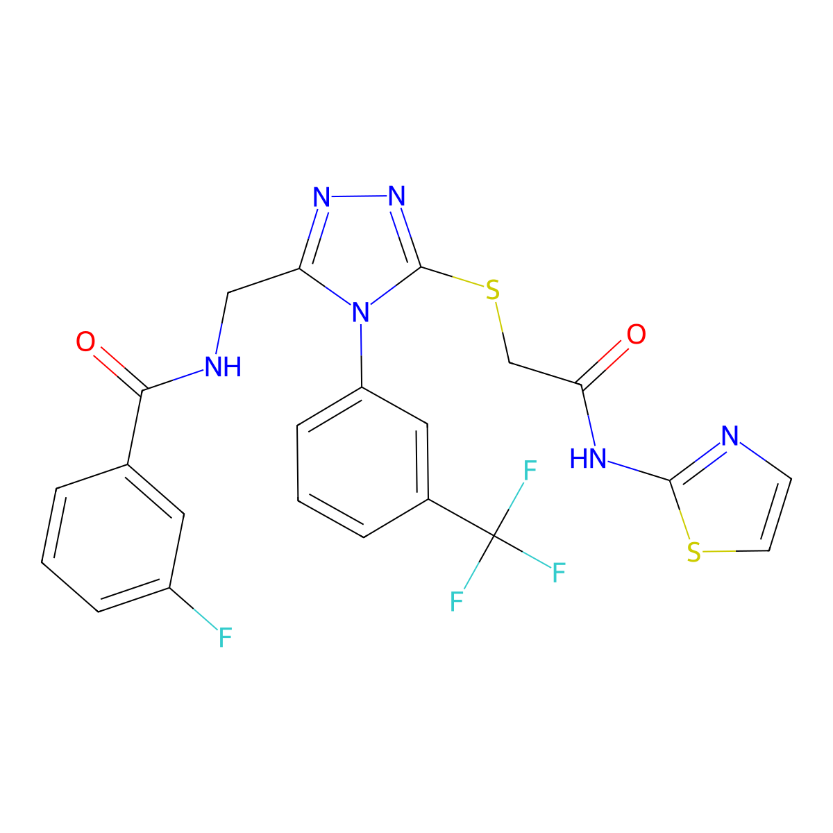 3-fluoro-N-((5-((2-oxo-2-(thiazol-2-ylamino)ethyl)thio)-4-(3-(trifluoromethyl)phenyl)-4H-1,2,4-triazol-3-yl)methyl)benzamide molecular structure, CAS 393840-60-3