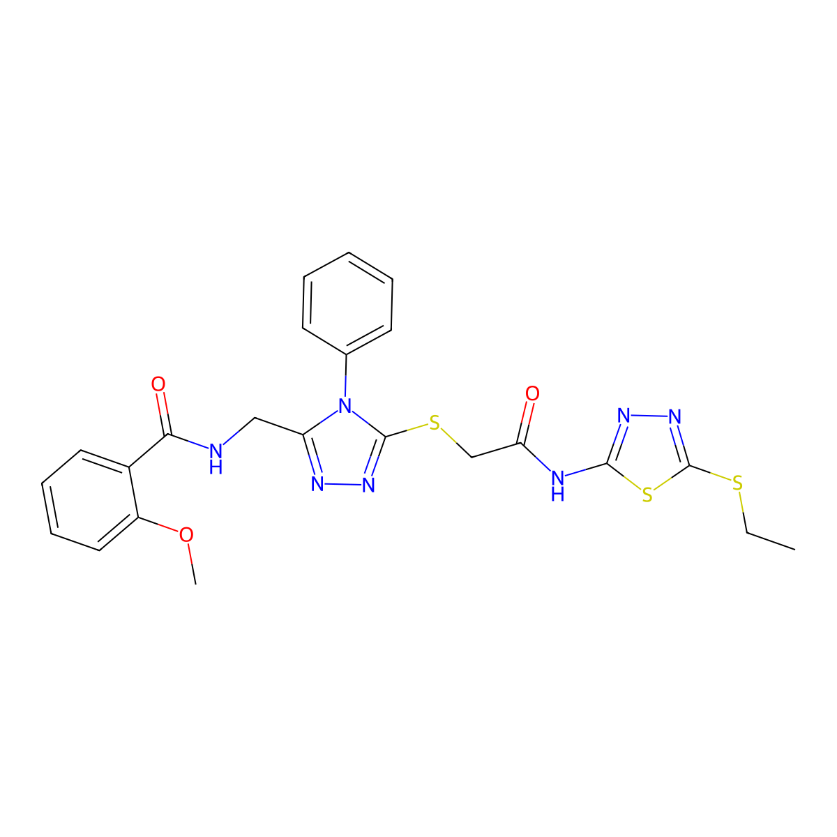 N-[[5-[2-[(5-ethylsulfanyl-1,3,4-thiadiazol-2-yl)amino]-2-oxoethyl]sulfanyl-4-phenyl-1,2,4-triazol-3-yl]methyl]-2-methoxybenzamide molecular structure, CAS 393840-74-9