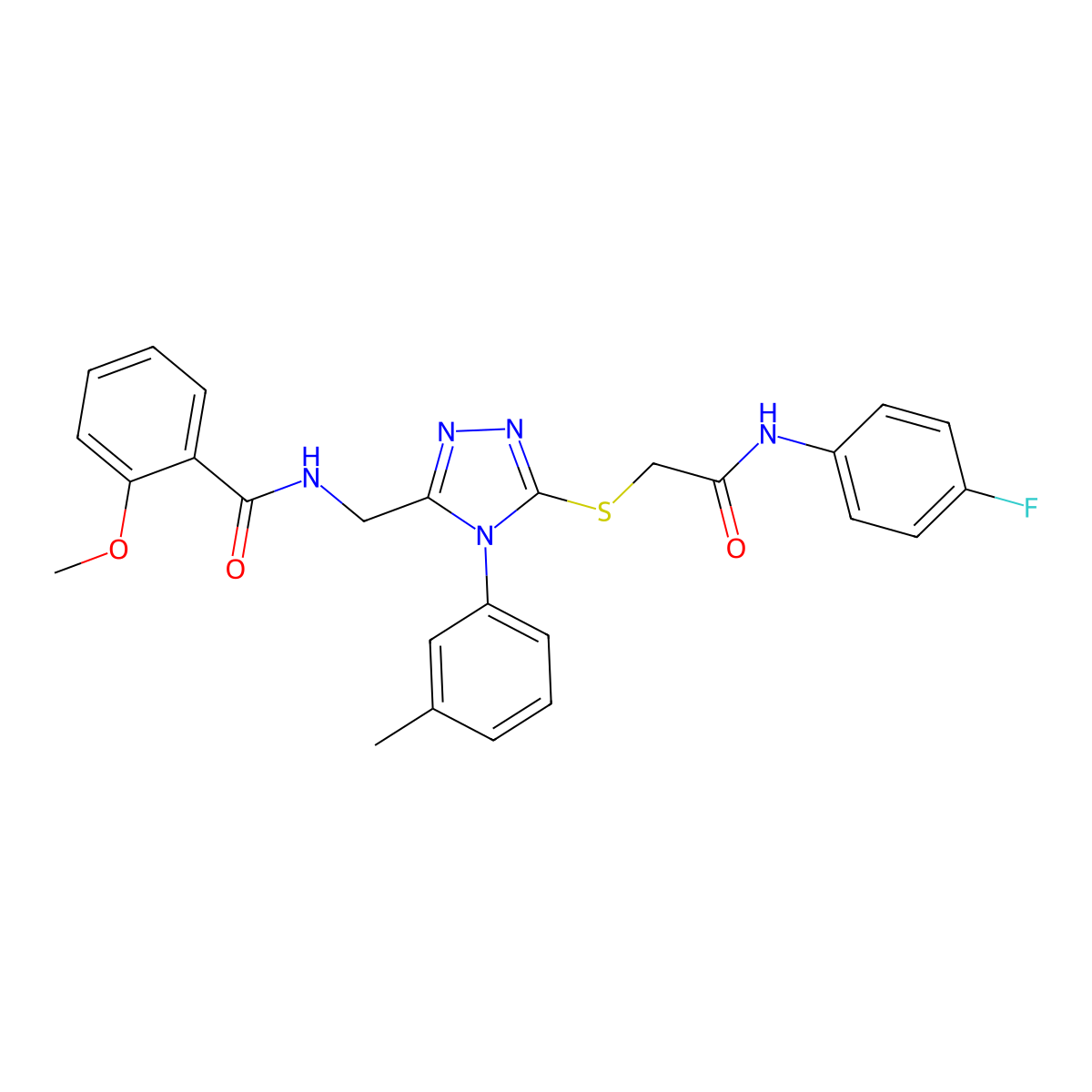 N-((5-((2-((4-fluorophenyl)amino)-2-oxoethyl)thio)-4-(m-tolyl)-4H-1,2,4-triazol-3-yl)methyl)-2-methoxybenzamide molecular structure, CAS 393840-79-4