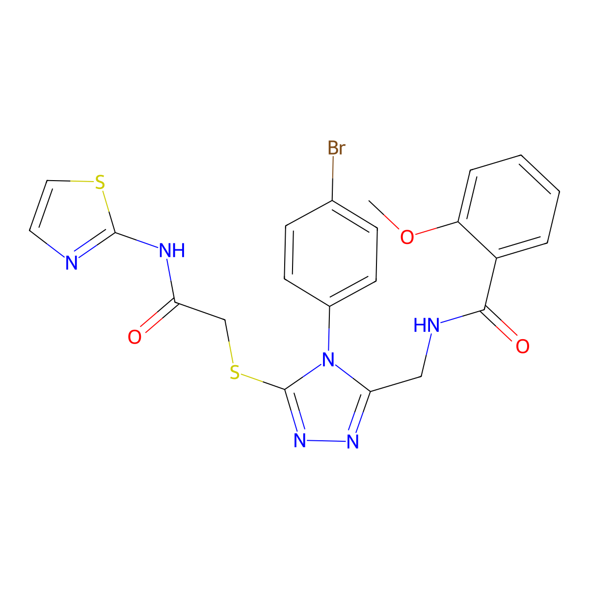 N-((4-(4-bromophenyl)-5-((2-oxo-2-(thiazol-2-ylamino)ethyl)thio)-4H-1,2,4-triazol-3-yl)methyl)-2-methoxybenzamide molecular structure, CAS 393840-93-2