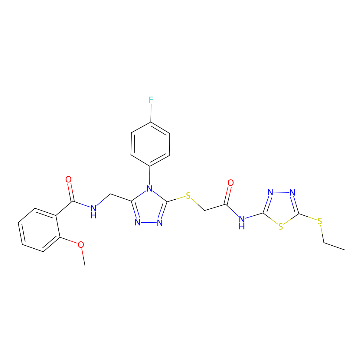 N-[[5-[2-[(5-ethylsulfanyl-1,3,4-thiadiazol-2-yl)amino]-2-oxoethyl]sulfanyl-4-(4-fluorophenyl)-1,2,4-triazol-3-yl]methyl]-2-methoxybenzamide molecular structure, CAS 393841-05-9