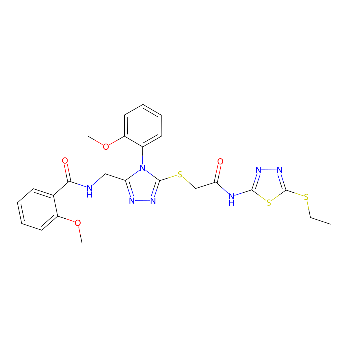 N-[[5-[2-[(5-ethylsulfanyl-1,3,4-thiadiazol-2-yl)amino]-2-oxoethyl]sulfanyl-4-(2-methoxyphenyl)-1,2,4-triazol-3-yl]methyl]-2-methoxybenzamide molecular structure, CAS 393841-14-0