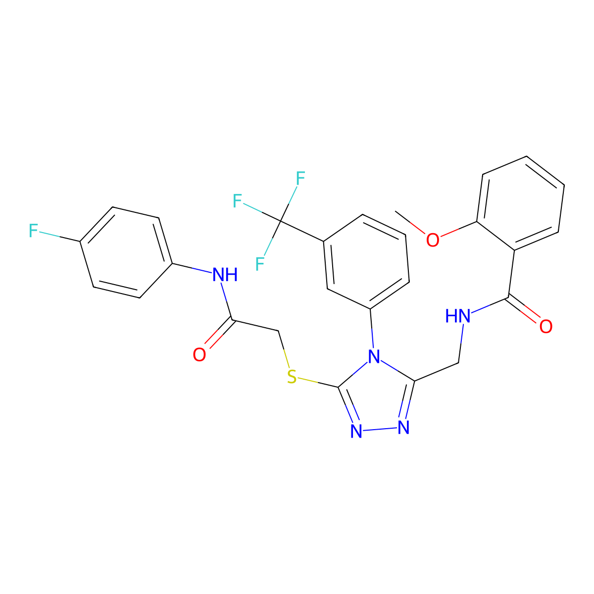 N-[[5-[2-(4-fluoroanilino)-2-oxoethyl]sulfanyl-4-[3-(trifluoromethyl)phenyl]-1,2,4-triazol-3-yl]methyl]-2-methoxybenzamide molecular structure, CAS 393841-17-3
