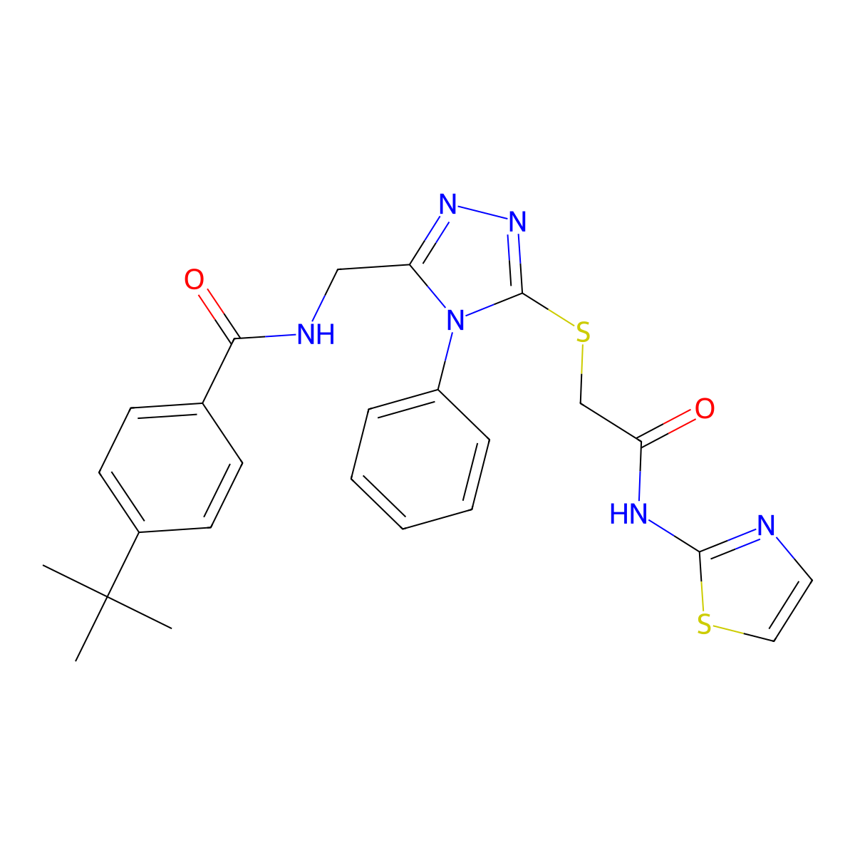 4-(tert-butyl)-N-((5-((2-oxo-2-(thiazol-2-ylamino)ethyl)thio)-4-phenyl-4H-1,2,4-triazol-3-yl)methyl)benzamide molecular structure, CAS 393841-31-1