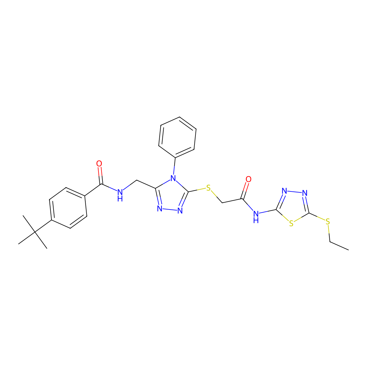 4-tert-butyl-N-[[5-[2-[(5-ethylsulfanyl-1,3,4-thiadiazol-2-yl)amino]-2-oxoethyl]sulfanyl-4-phenyl-1,2,4-triazol-3-yl]methyl]benzamide molecular structure, CAS 393841-33-3