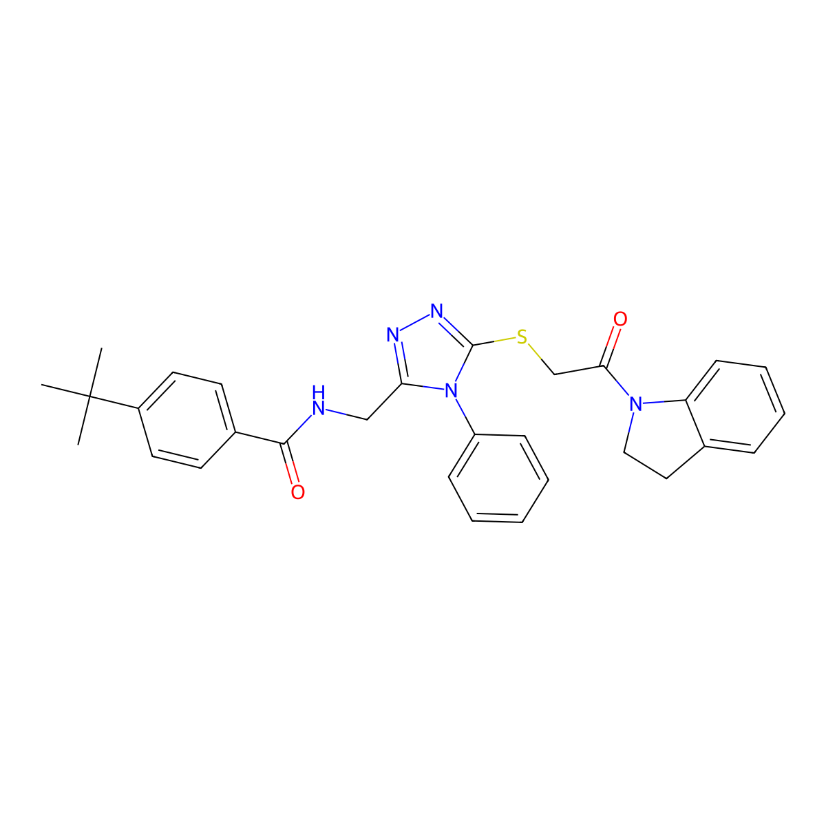 4-(tert-butyl)-N-((5-((2-(indolin-1-yl)-2-oxoethyl)thio)-4-phenyl-4H-1,2,4-triazol-3-yl)methyl)benzamide molecular structure, CAS 393841-34-4