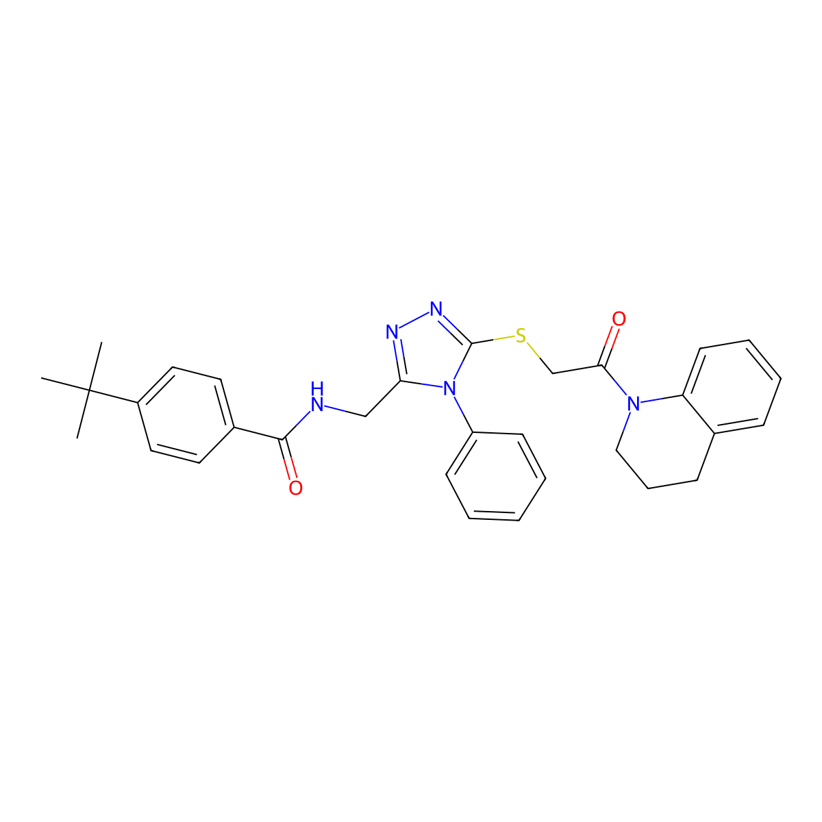 4-(tert-butyl)-N-((5-((2-(3,4-dihydroquinolin-1(2H)-yl)-2-oxoethyl)thio)-4-phenyl-4H-1,2,4-triazol-3-yl)methyl)benzamide molecular structure, CAS 393841-35-5