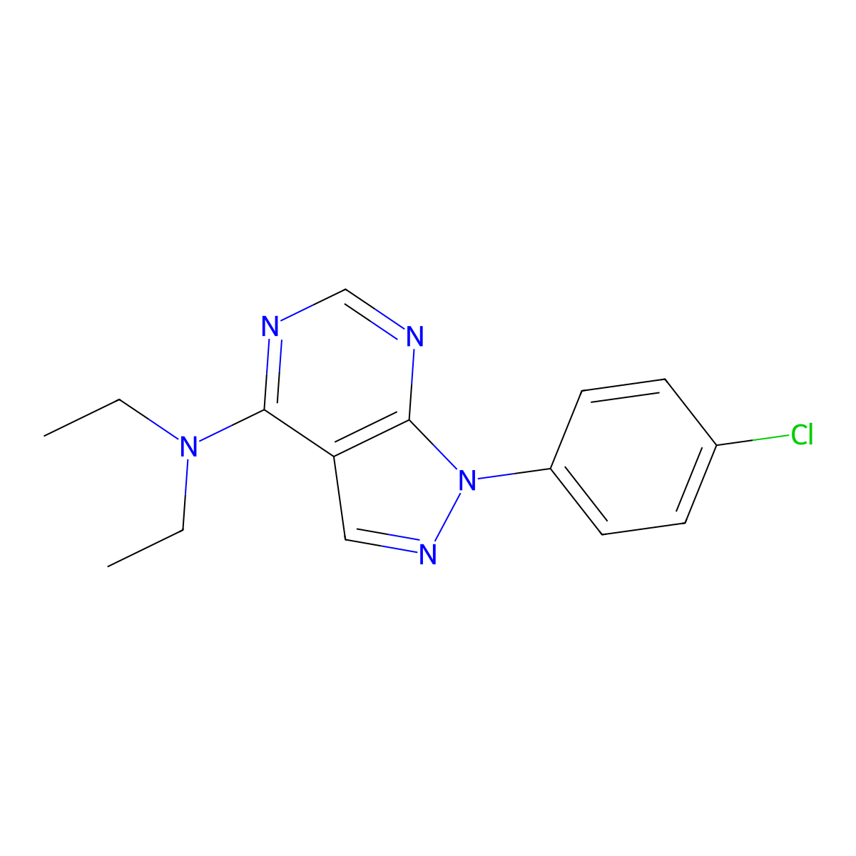 1-(4-chlorophenyl)-N,N-diethyl-1H-pyrazolo[3,4-d]pyrimidin-4-amine molecular structure, CAS 393844-46-7