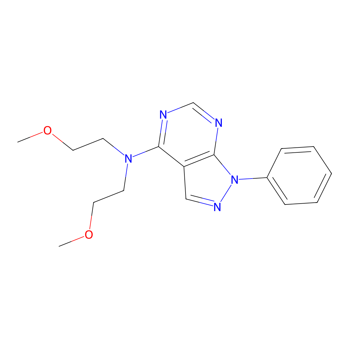 N,N-bis(2-methoxyethyl)-1-phenyl-1H-pyrazolo[3,4-d]pyrimidin-4-amine molecular structure, CAS 393844-78-5