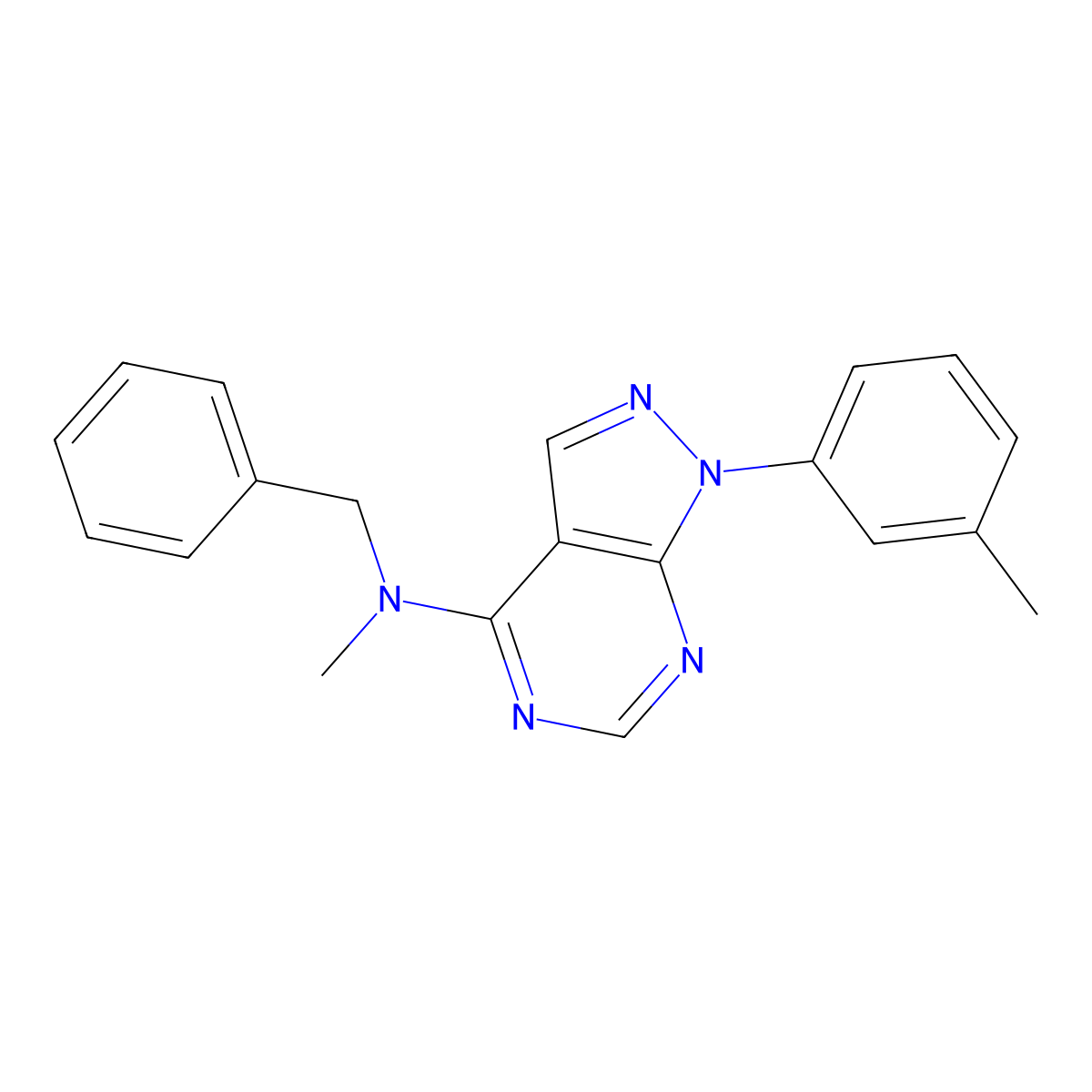 N-benzyl-N-methyl-1-(3-methylphenyl)-1H-pyrazolo[3,4-d]pyrimidin-4-amine molecular structure, CAS 393844-95-6