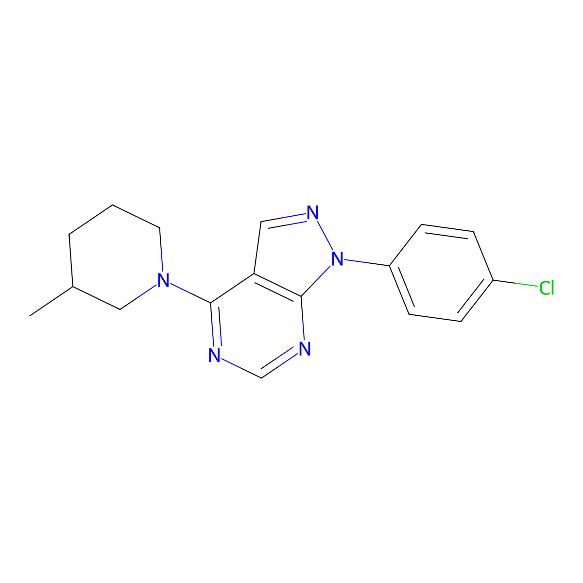 1-(4-chlorophenyl)-4-(3-methylpiperidin-1-yl)-1H-pyrazolo[3,4-d]pyrimidine molecular structure, CAS 393845-21-1