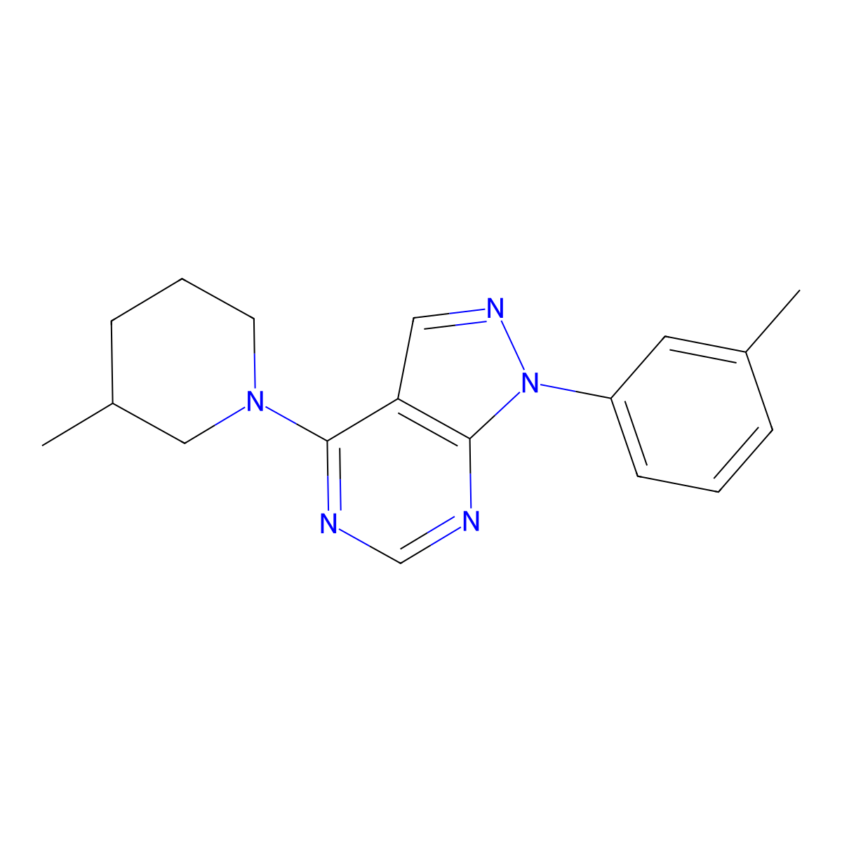 4-(3-methylpiperidin-1-yl)-1-(m-tolyl)-1H-pyrazolo[3,4-d]pyrimidine molecular structure, CAS 393845-23-3