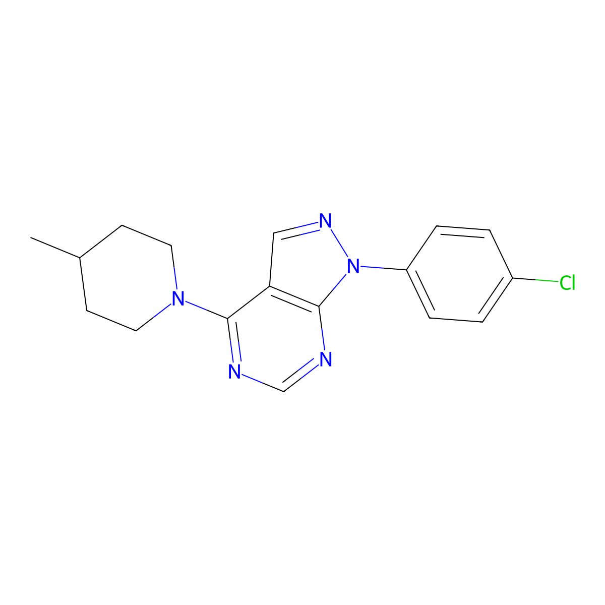 1-(4-Chlorophenyl)-4-(4-methylpiperidin-1-yl)pyrazolo[3,4-d]pyrimidine molecular structure, CAS 393845-26-6
