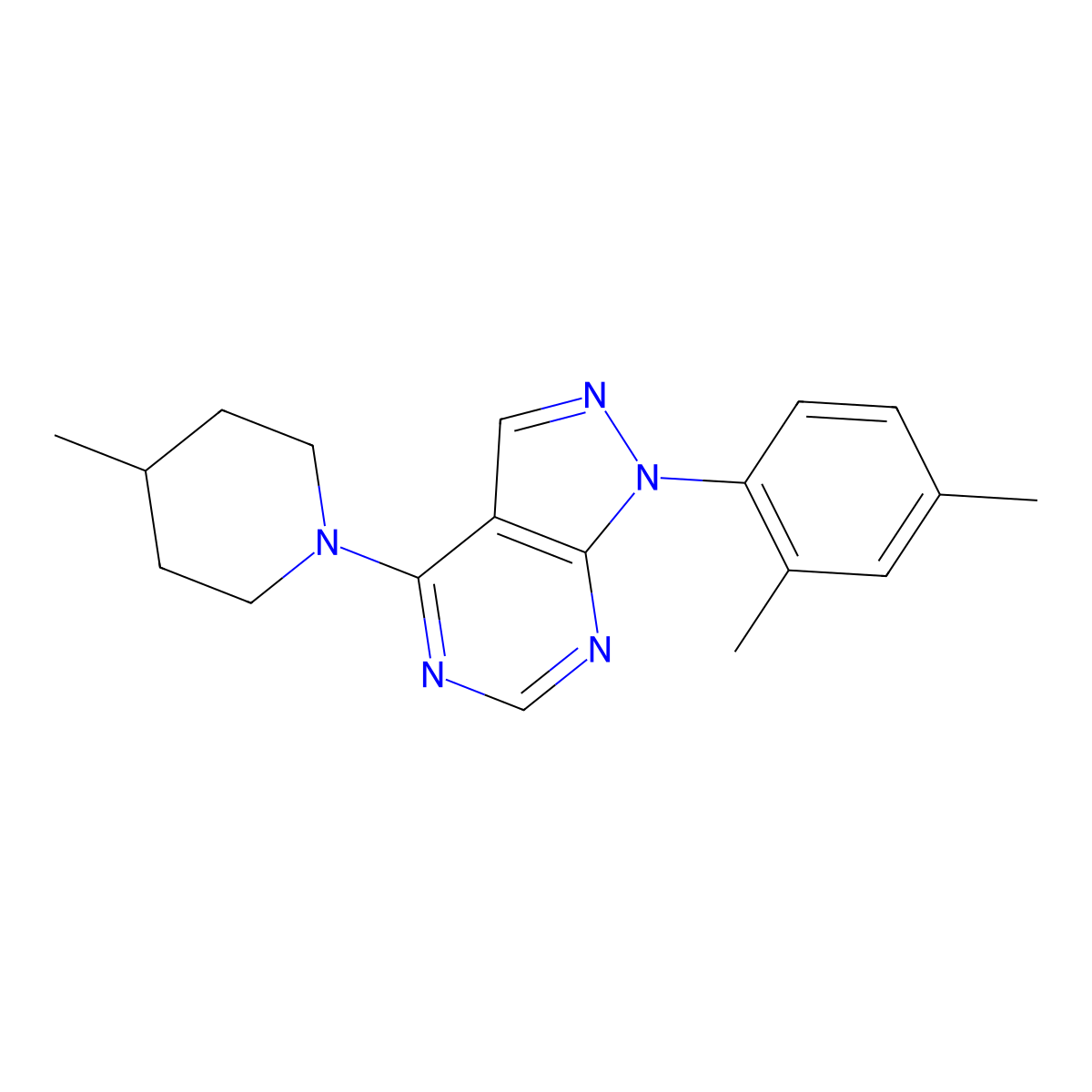 1-(2,4-dimethylphenyl)-4-(4-methylpiperidin-1-yl)-1H-pyrazolo[3,4-d]pyrimidine molecular structure, CAS 393845-29-9