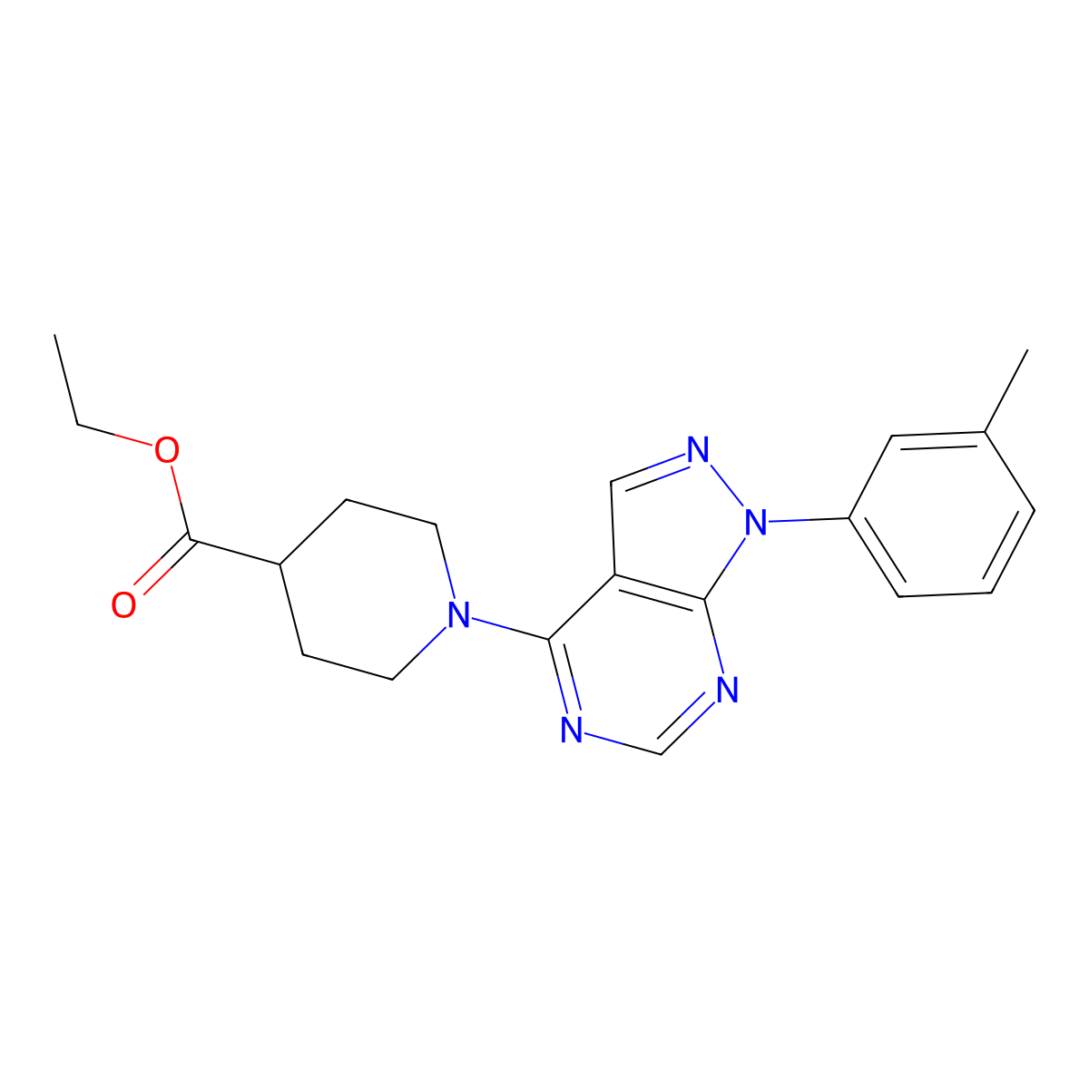 ethyl 1-[1-(3-methylphenyl)-1H-pyrazolo[3,4-d]pyrimidin-4-yl]piperidine-4-carboxylate molecular structure, CAS 393845-38-0
