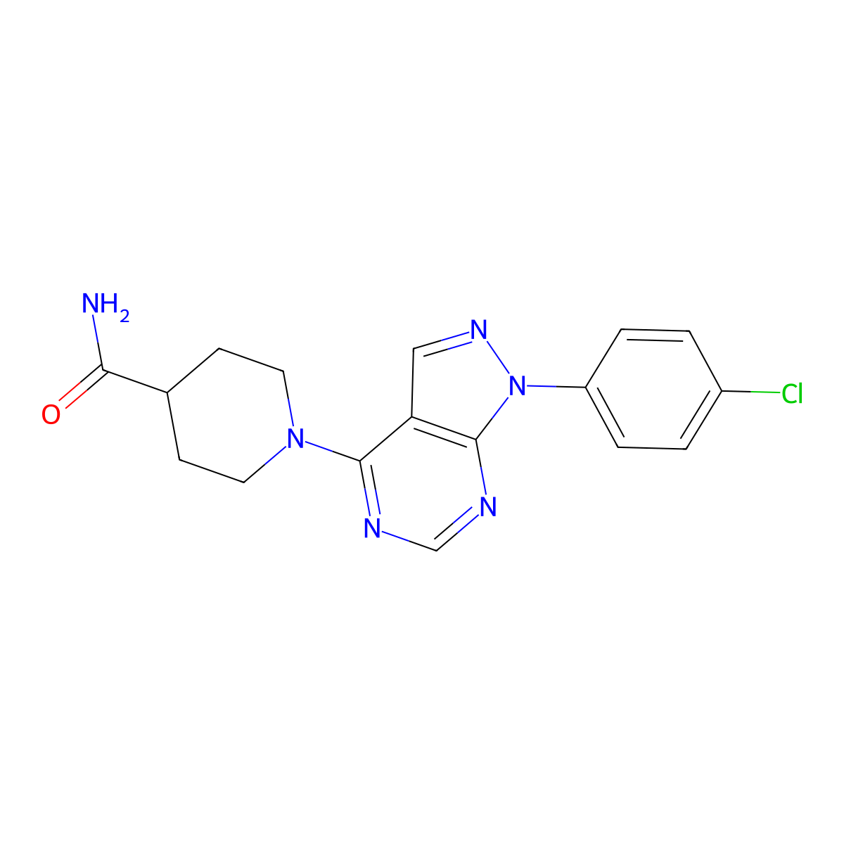 1-(1-(4-chlorophenyl)-1H-pyrazolo[3,4-d]pyrimidin-4-yl)piperidine-4-carboxamide molecular structure, CAS 393845-45-9