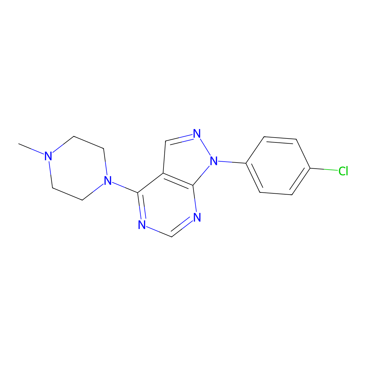 1-(4-Chlorophenyl)-4-(4-methylpiperazin-1-yl)pyrazolo[3,4-d]pyrimidine molecular structure, CAS 393845-60-8