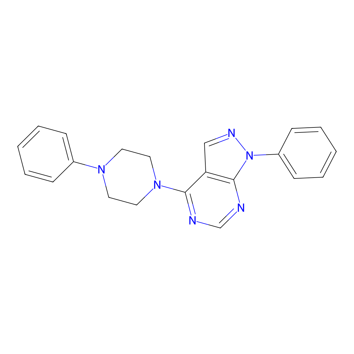 1-phenyl-4-(4-phenylpiperazin-1-yl)-1H-pyrazolo[3,4-d]pyrimidine molecular structure, CAS 393845-64-2