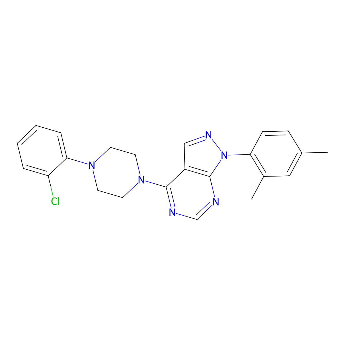 4-(4-(2-chlorophenyl)piperazin-1-yl)-1-(2,4-dimethylphenyl)-1H-pyrazolo[3,4-d]pyrimidine molecular structure, CAS 393845-72-2