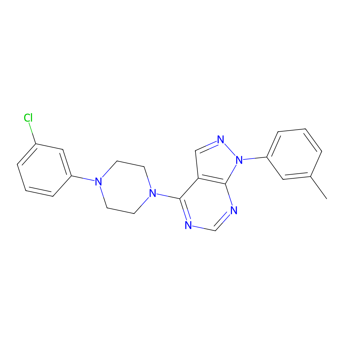 4-[4-(3-Chlorophenyl)piperazin-1-yl]-1-(3-methylphenyl)pyrazolo[3,4-d]pyrimidine molecular structure, CAS 393845-75-5